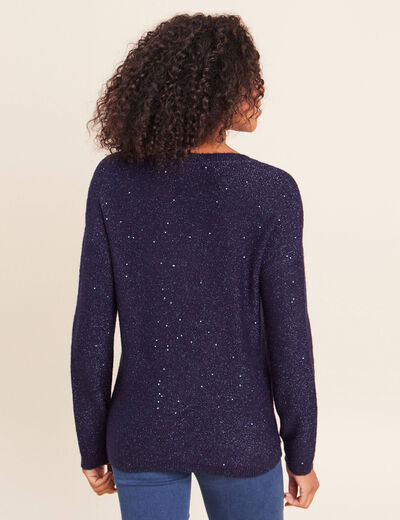 Pull col v manches longues &agrave; sequins bleu marine femme