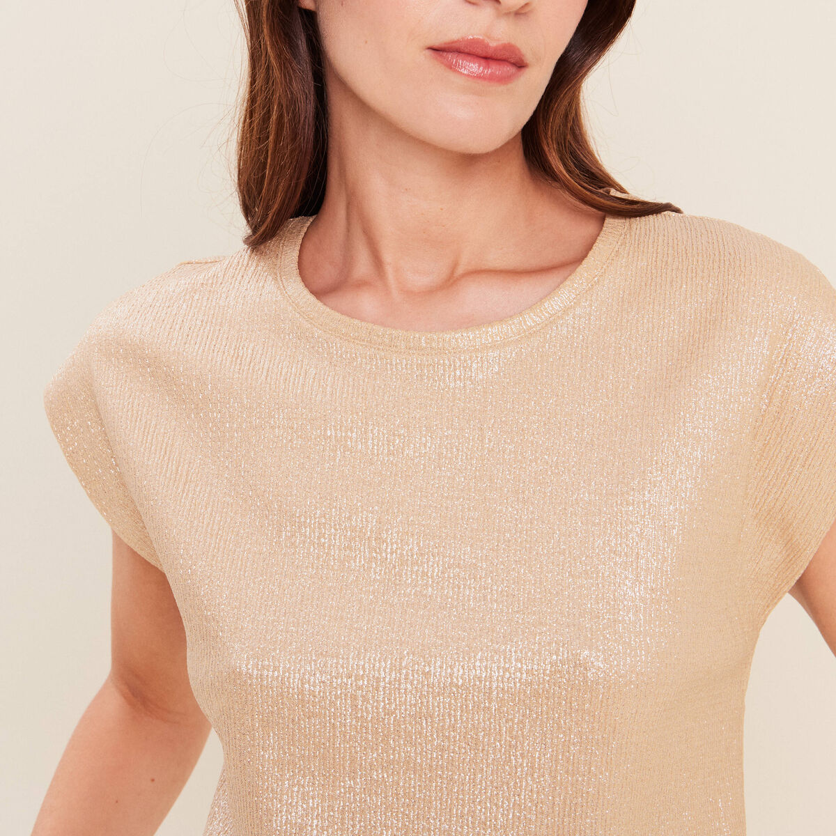T-shirt col rond sans manches beige femme