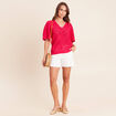 Pull ajour&eacute; col v manches courtes rose fushia femme
