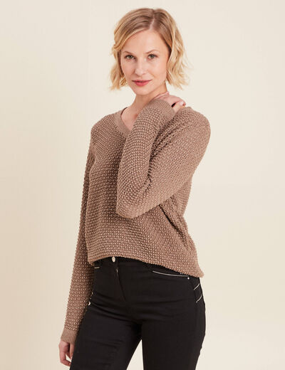 Pull manches longues col en V taupe femme