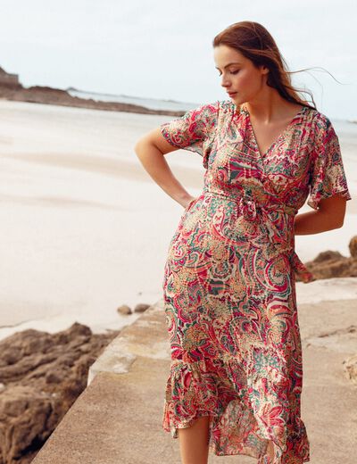 Robe longue évasée fluide rose femme