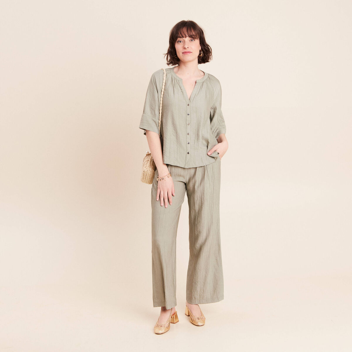Blouse ample col v manches 3/4 vert clair femme