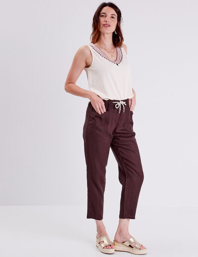 Pantalon battle en lin marron foncé femme