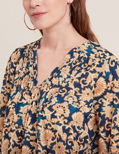 Blouse manches 3/4 col smocké bleu foncé femme