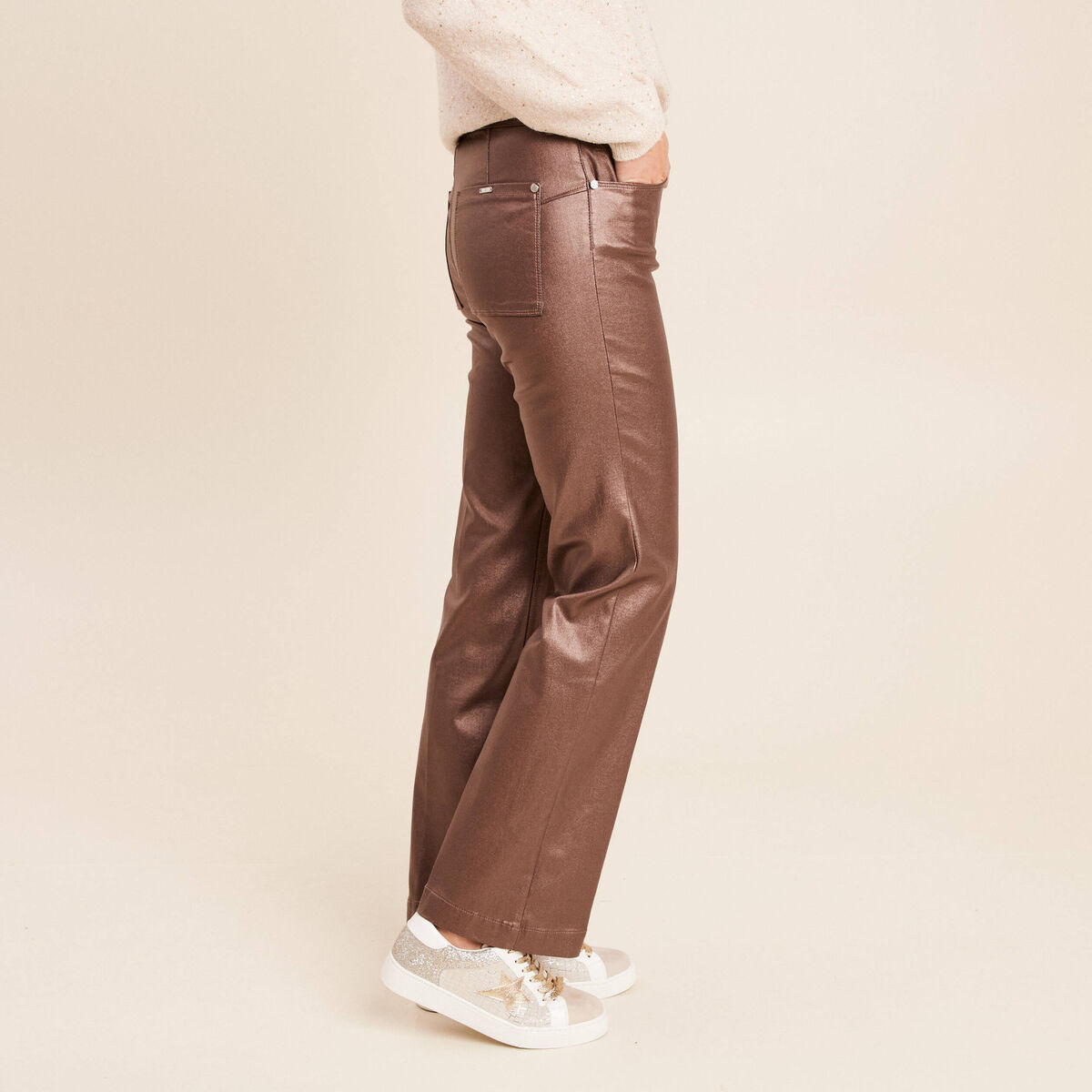 Pantalon enduit coupe large marron fonc&eacute; femme
