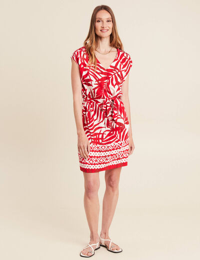Robe droite courte col V manches courtes ecru femme