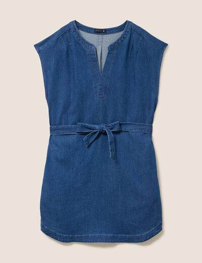 Robe droite courte manches tr&egrave;s courtes denim double stone femme