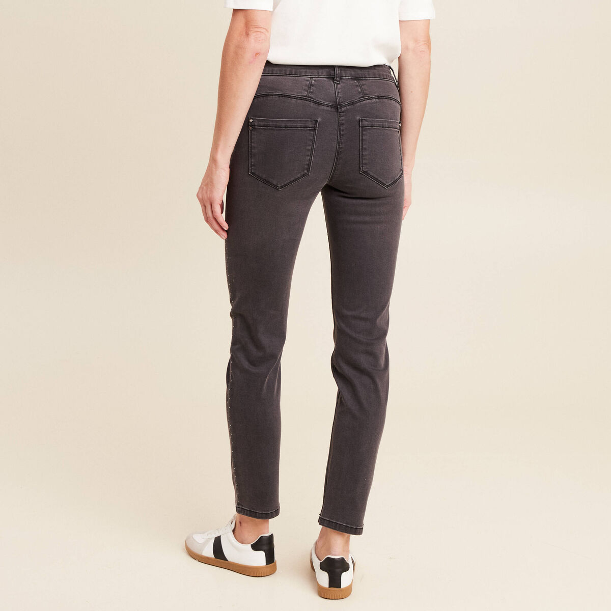 Jean ajusté taille basculée denim gris femme