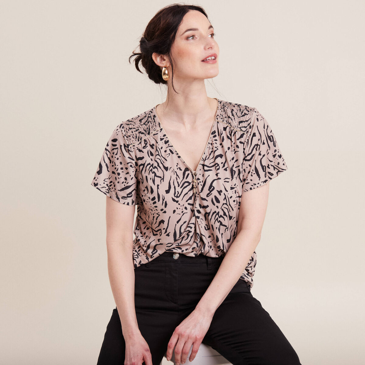 T-shirt manches courtes beige femme