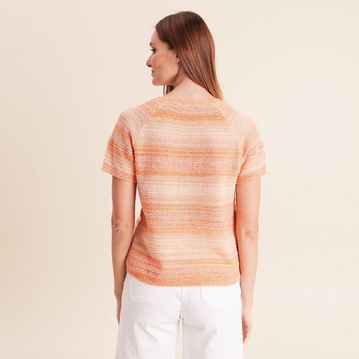 Pull col v manches courtes orange fluo femme