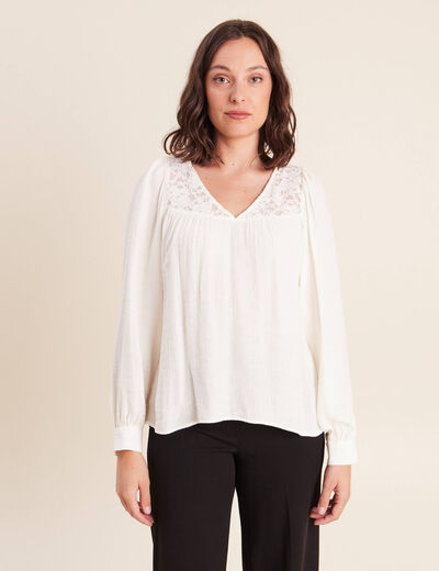 Chemise ample col v manches longues ecru femme