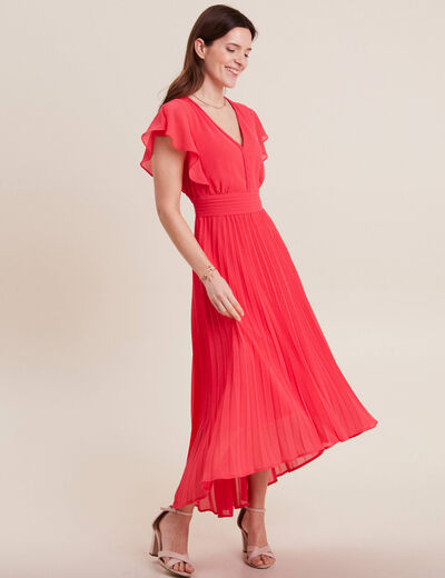 Robe longue évasée plissée rose cerise femme