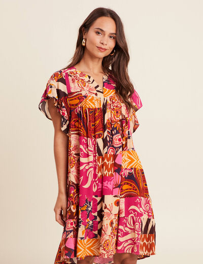 Robe courte évasée col tunisien rose femme
