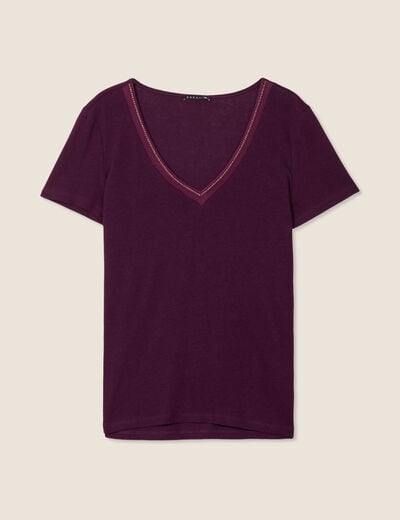 T-shirt manches courtes col en V violet foncé femme