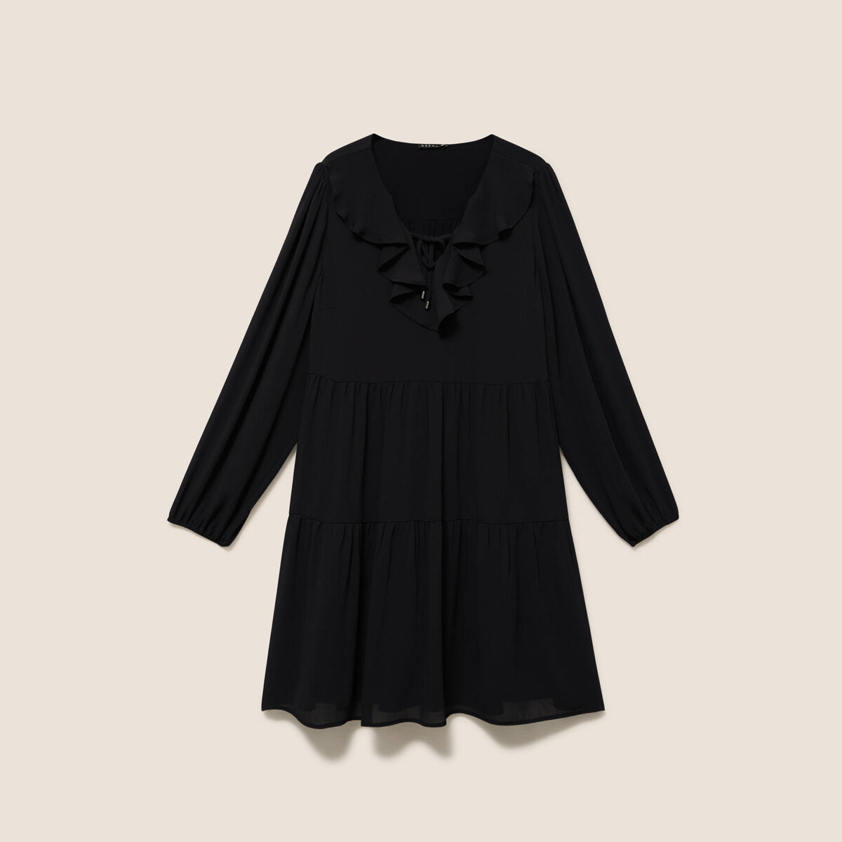 Robe courte &eacute;vas&eacute;e col v manches longues noir femme
