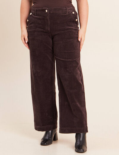 Pantalon large velours c&ocirc;tel&eacute; marron fonc&eacute; femme