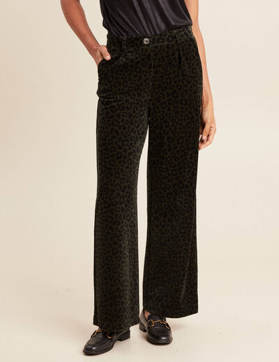 Pantalon large velours vert foncé femme