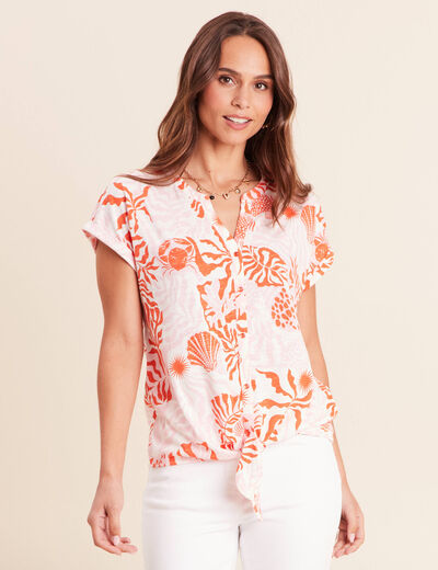 T-shirt col tunisien manches courtes rose femme