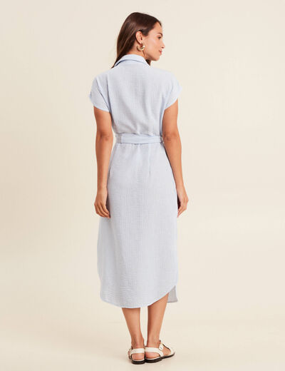 Robe longue droite col chemise bleu femme