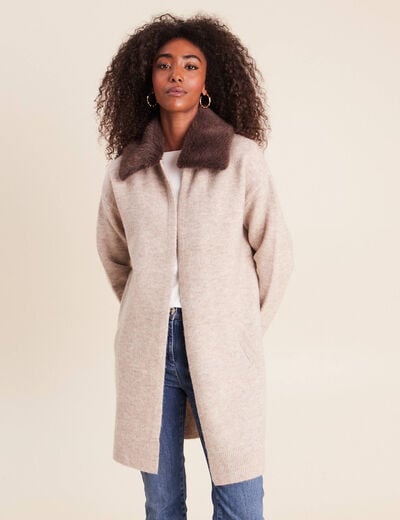 Gilet droit long col chemise beige femme