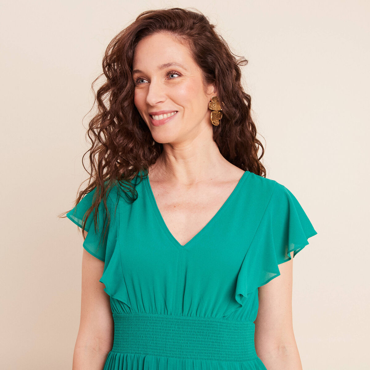 Robe longue &eacute;vas&eacute;e &agrave; volants vert menthe femme
