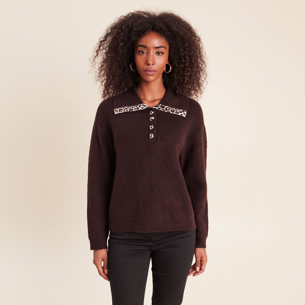 Pull droit manches longues marron fonc&eacute; femme
