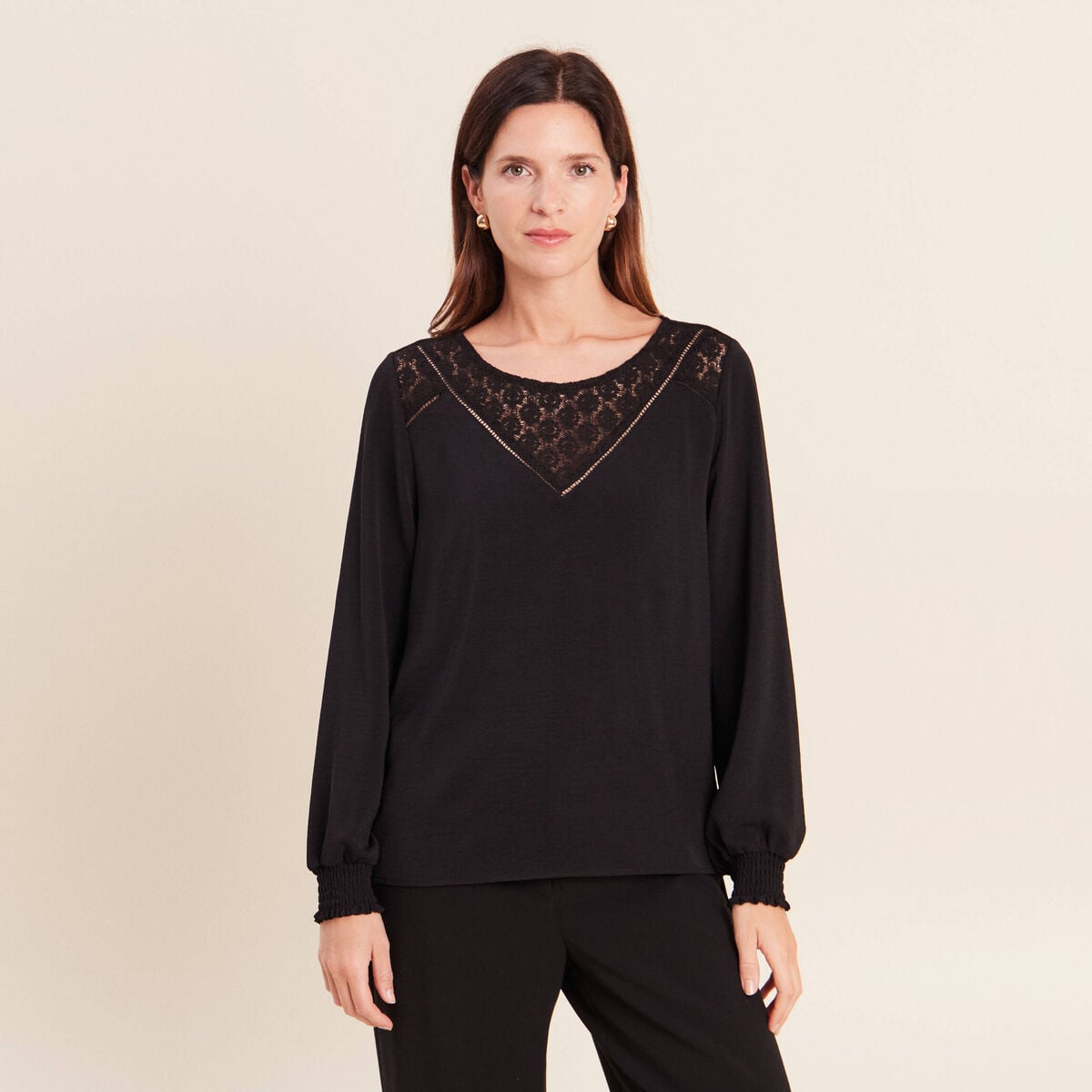 Blouse droite manches longues dentelle noir femme
