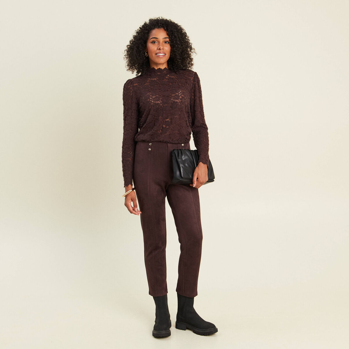 Legging 7/8&egrave;me taille haute aspect daim marron fonc&eacute; femme