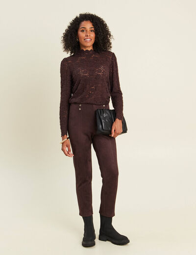 Legging 7/8&egrave;me taille haute aspect daim marron fonc&eacute; femme