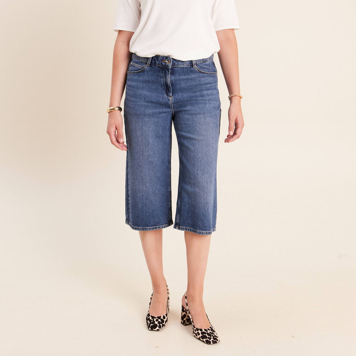 Jean bermuda taille haute denim denim stone femme