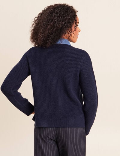 Veste col chemise manches longues bleu fonc&eacute; femme