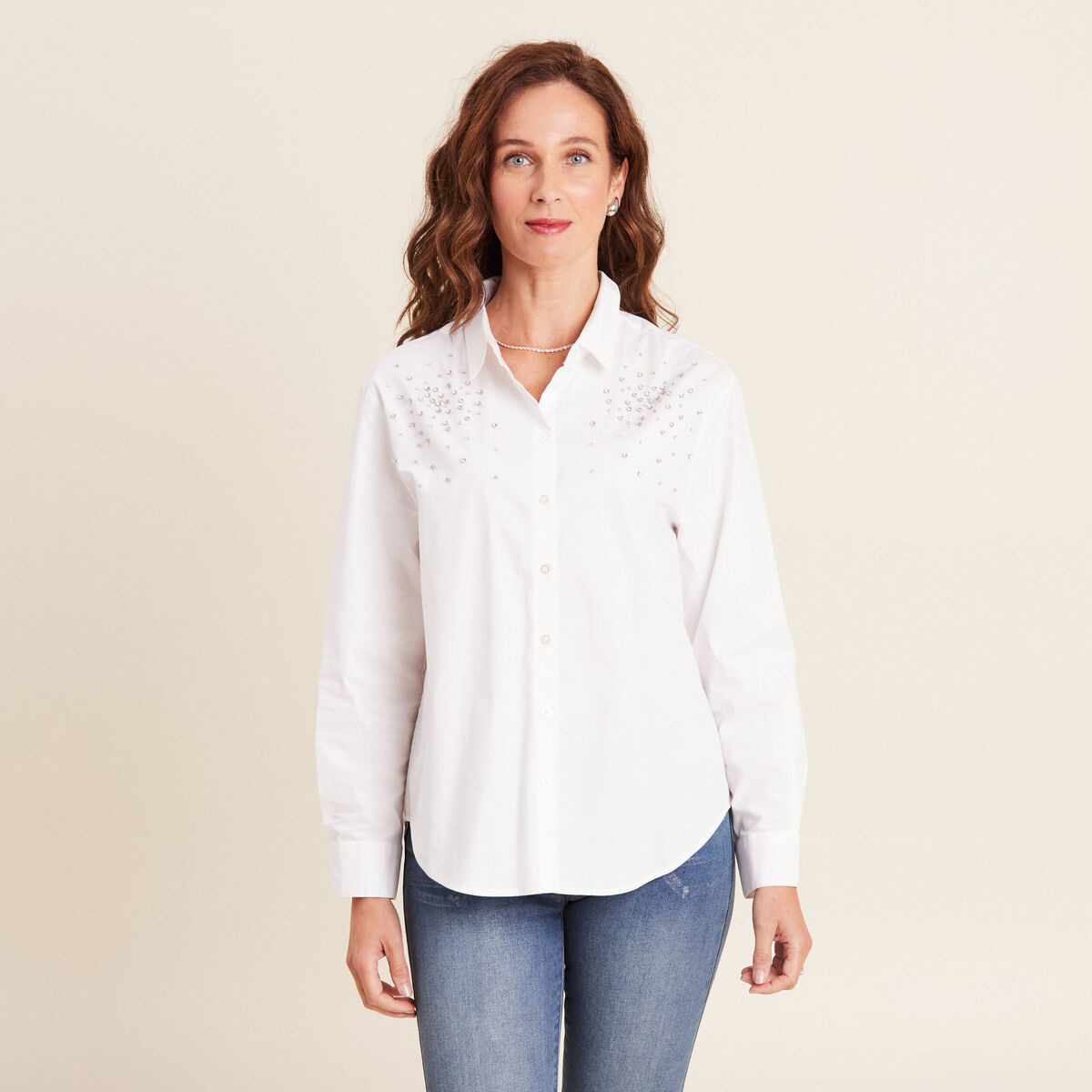 Chemise manches longues strass ecru femme