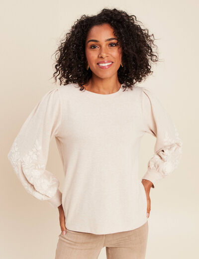 Sweat duveteux col rond manches longues creme femme