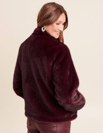 Manteau en fausse fourrure col montant bordeaux femme