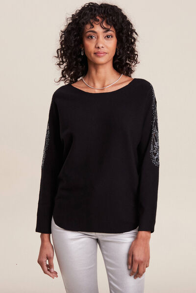Pull manches longues strass noir femme