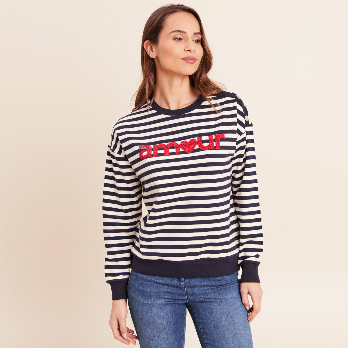 Sweat col rond &agrave; message bleu femme