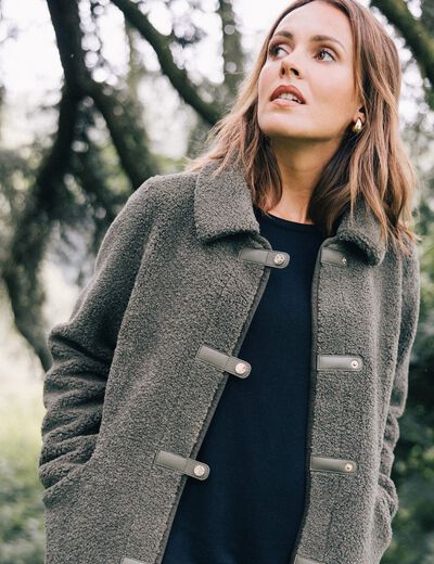 Manteau droit laine mouton vert kaki femme