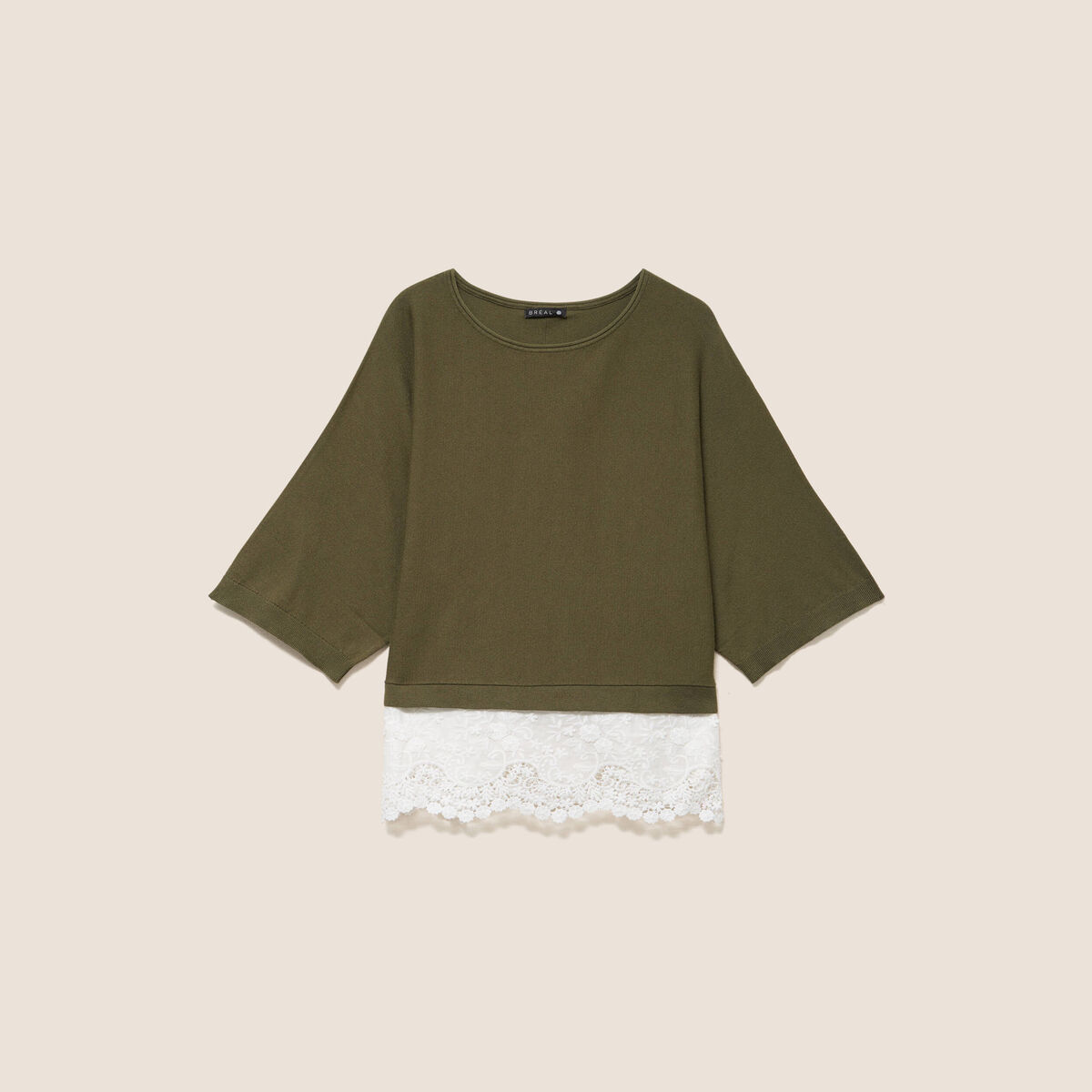 Pull bi-mati&egrave;re col bateau vert kaki femme