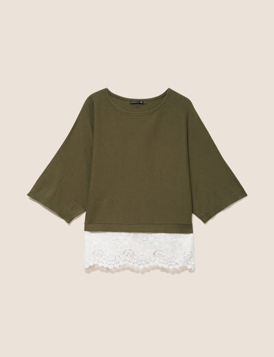 Pull bi-mati&egrave;re col bateau vert kaki femme