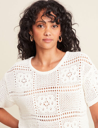 Pull court col rond manches courtes ecru femme