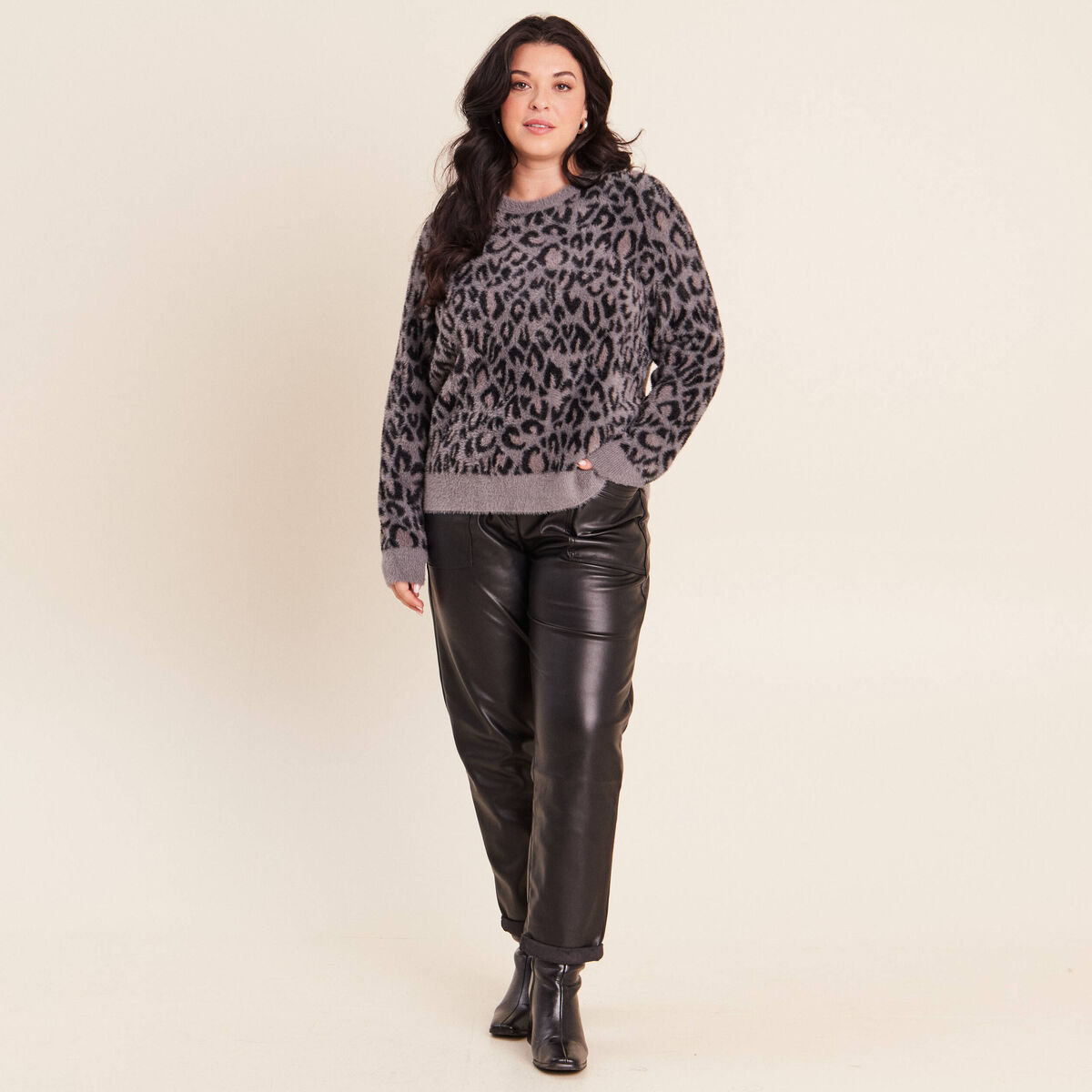 Pull col rond gris femme