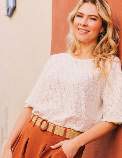 Blouse manches courtes ajourée ecru femme