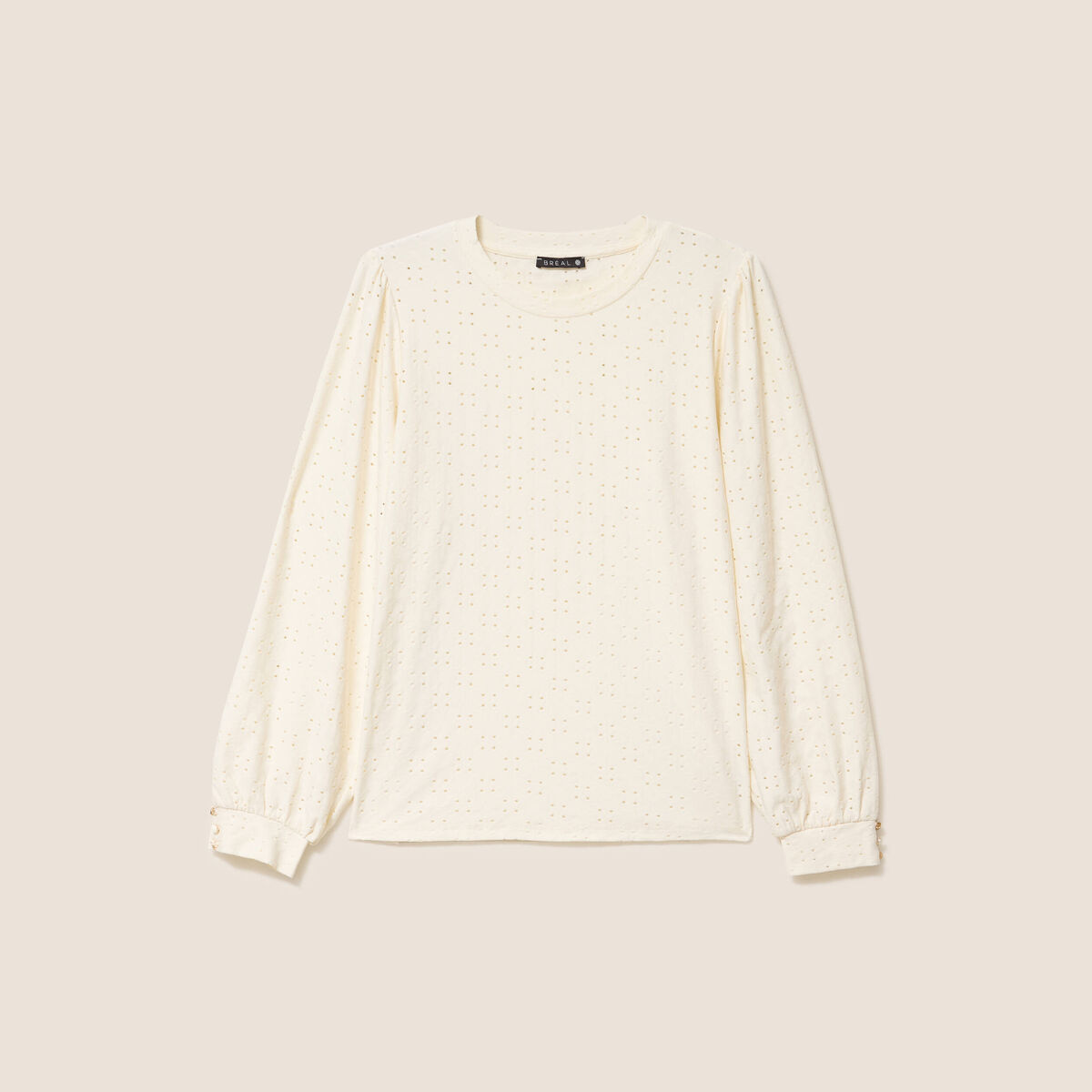 Top dentelle col rond manches longues ecru femme