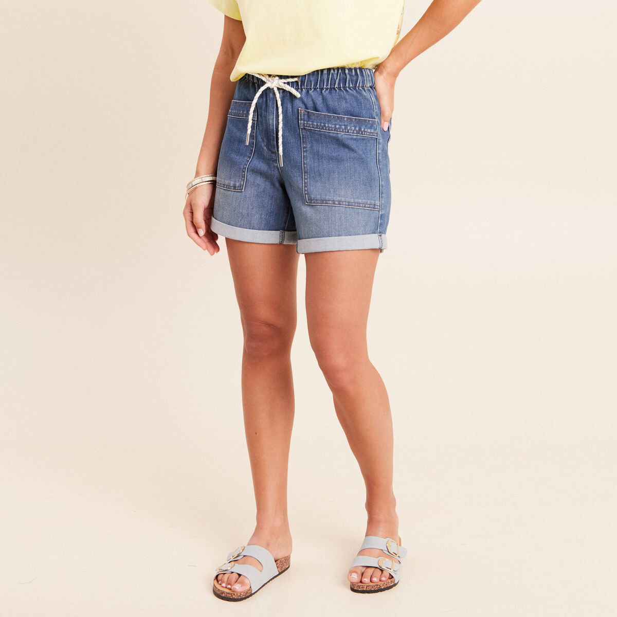 Short relax en jean denim stone femme