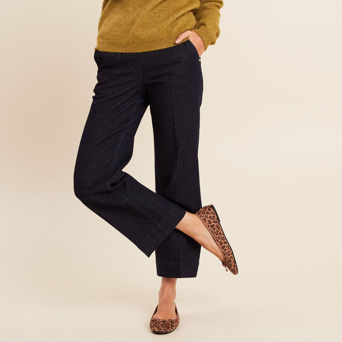 Jean large taille haute &agrave; paillettes denim brut femme