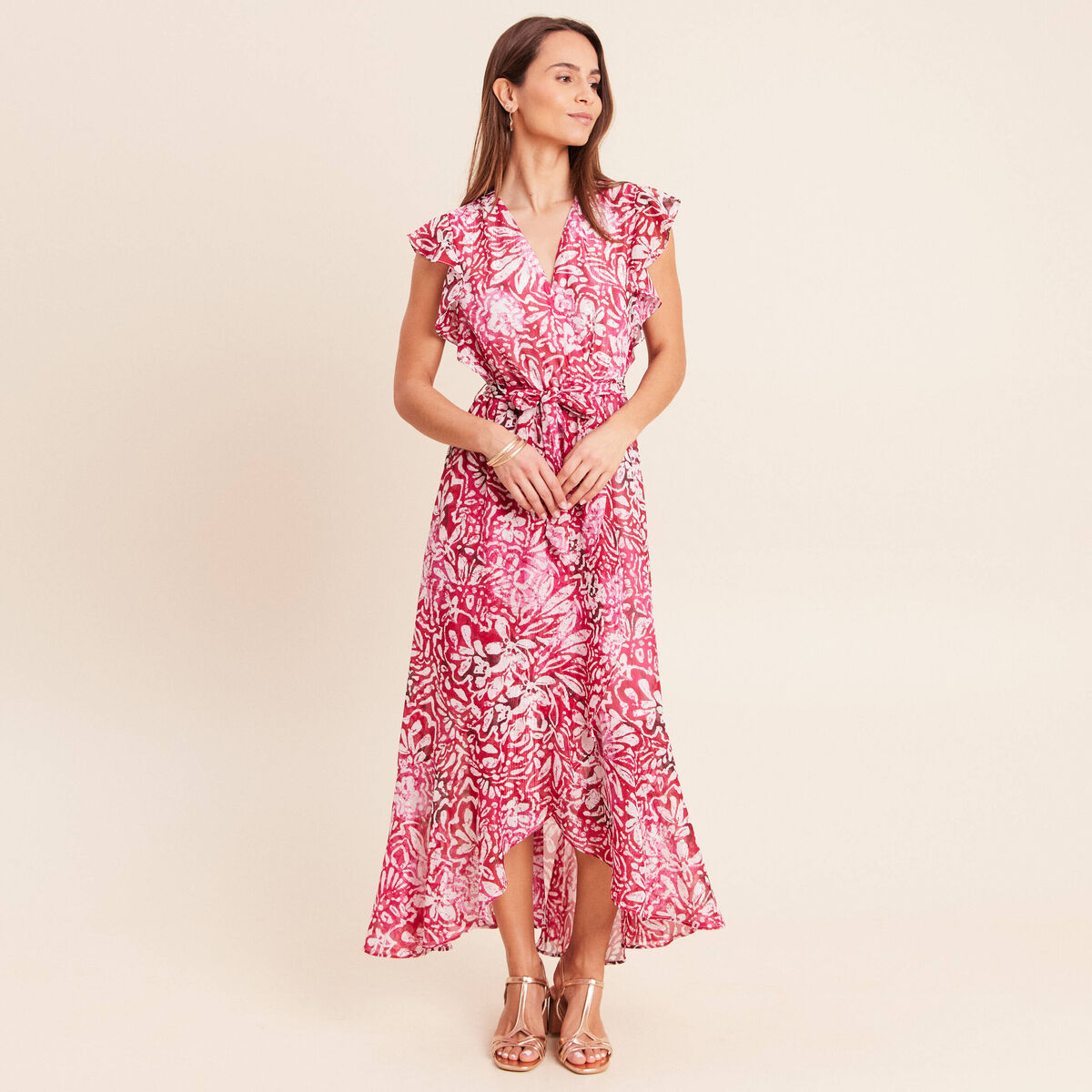 Robe longue portefeuille rose femme