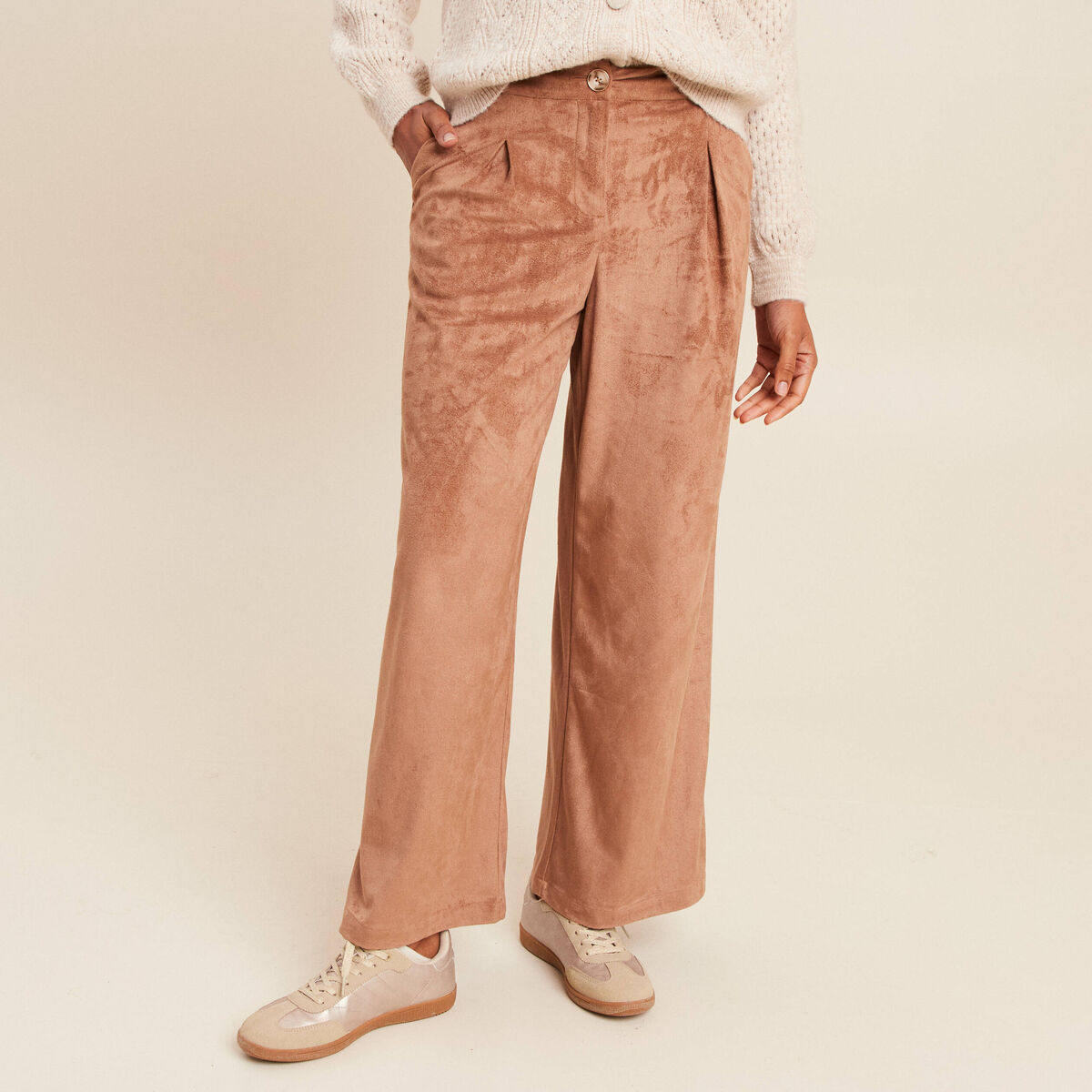 Pantalon su&eacute;dine large &agrave; pinces marron clair femme