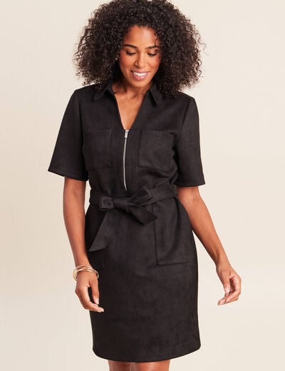 Robe droite courte manches coudes daim noir femme