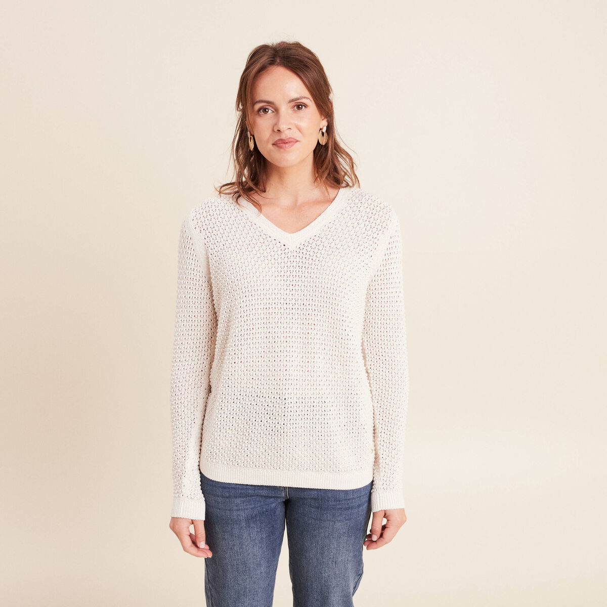 Pull manches longues col en V ecru femme