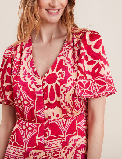 Robe longue évasée satin rose fushia femme